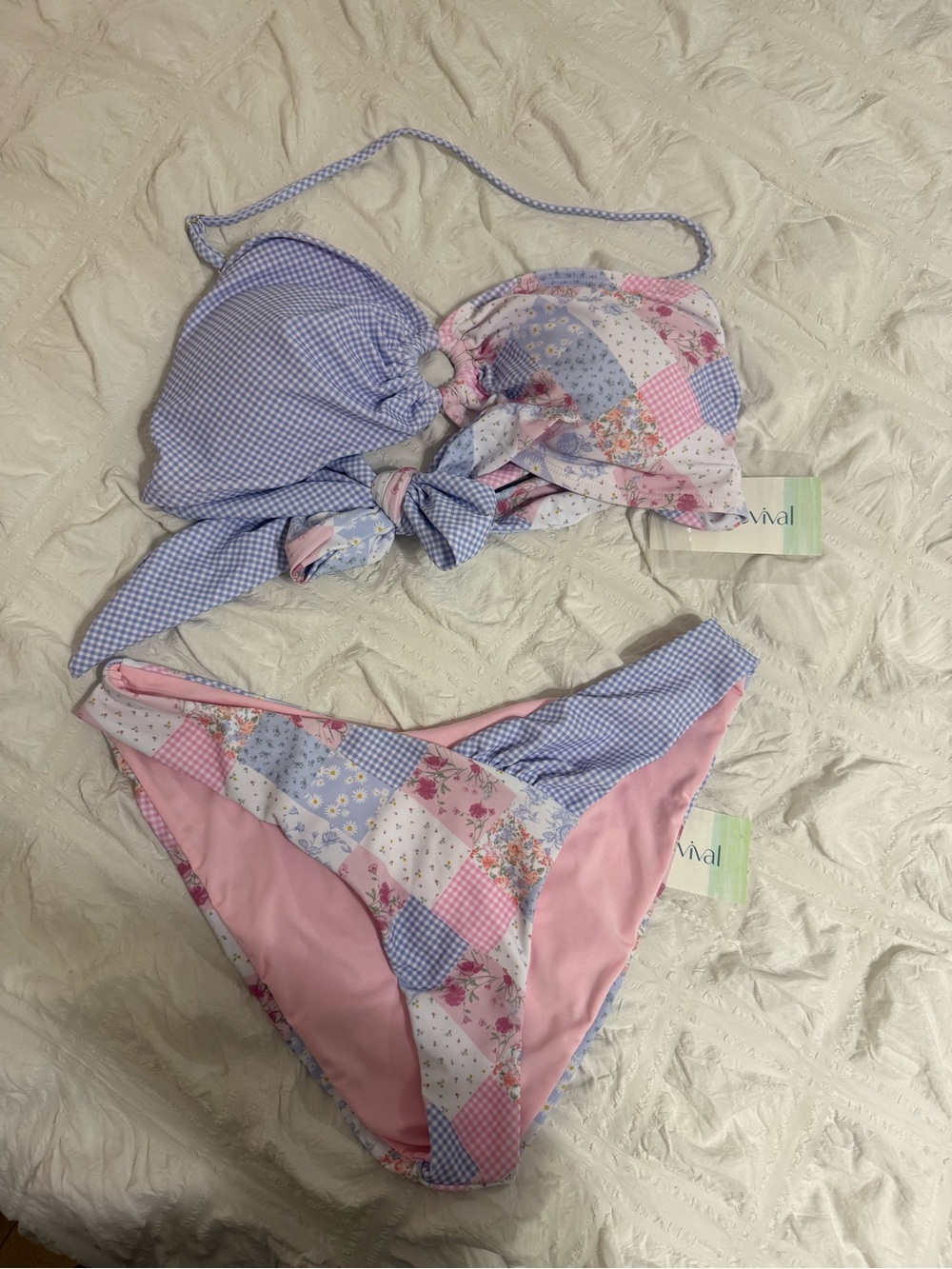 Altar'd State Pastel Patchwork Pink & Lilac Bikini Set